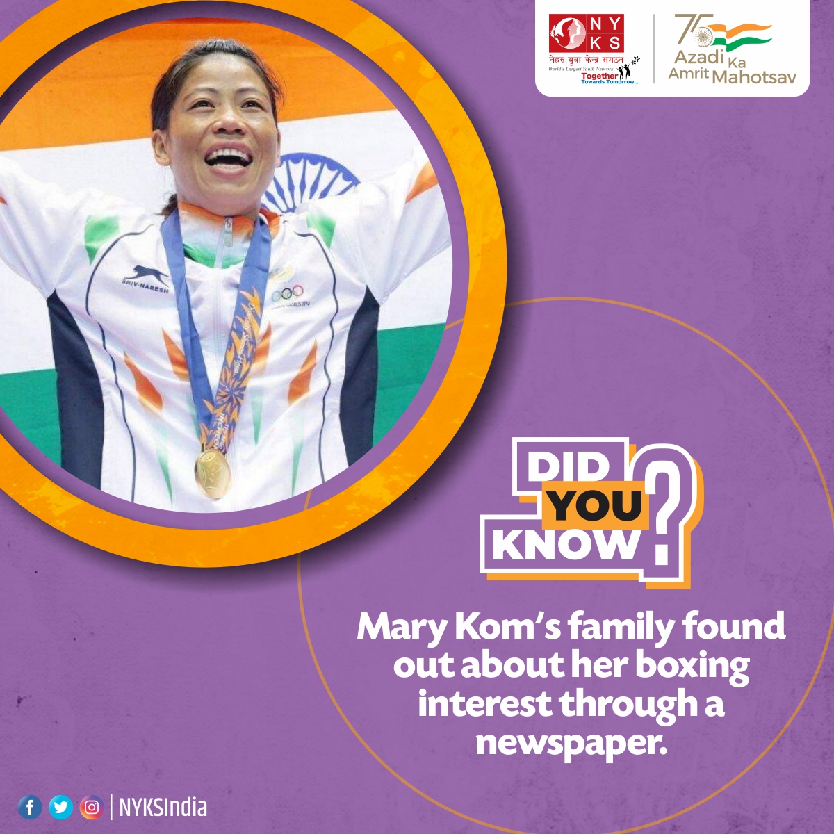 MYBharatHQ's tweet photo. Mary Kom's family found out about her boxing interest through a newspaper.

#MaryKom #Fact #DidYouKnow https://t.co/DqxuA9xFC7