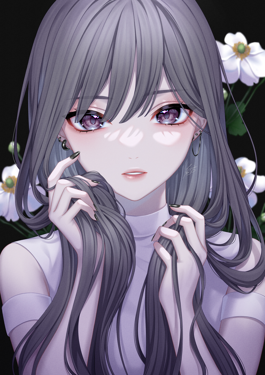 1girl solo flower long hair looking at viewer jewelry grey hair  illustration images