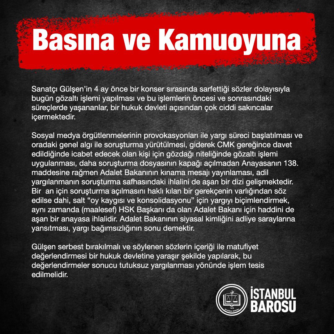 istbarosu's tweet photo. #Gülşen serbest bırakılmalı ve söylenen sözlerin içeriği ile matufiyet değerlendirmesi bir hukuk devletine yaraşır şekilde yapılarak, bu değerlendirmeler sonucu tutuksuz yargılanması yönünde işlem tesis edilmelidir. https://t.co/NBJCb0Tffm