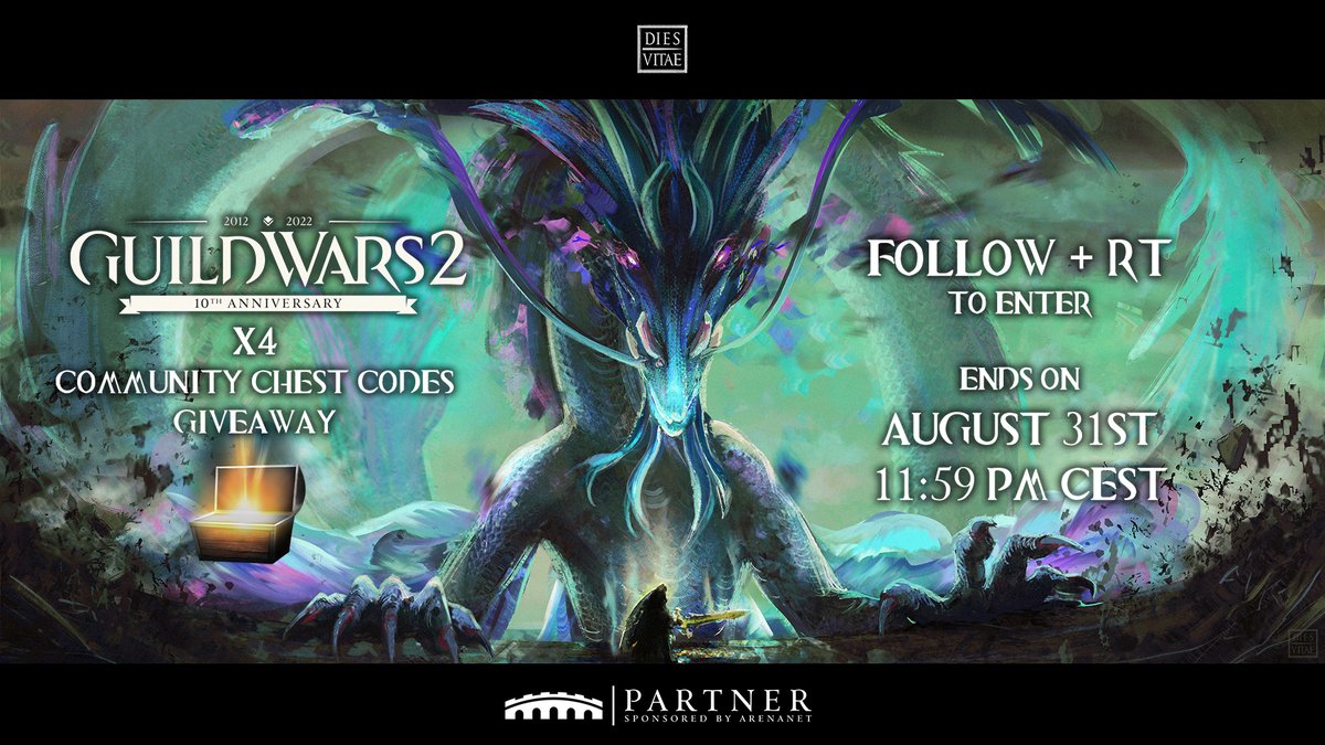For the 10th Anniversary of #GuildWars2 and its #Steam release I'm doing a...

🌟COMMUNITY CHEST CODES GIVEAWAY🌟 

🌊FOLLOW + RT to enter
🌊FOUR WINNERS!
🌊Ends on August 31st at 11:59PM CEST
🌊Sponsored by <a href="/ArenaNet/">ArenaNet</a>

Good luck everyone!✨