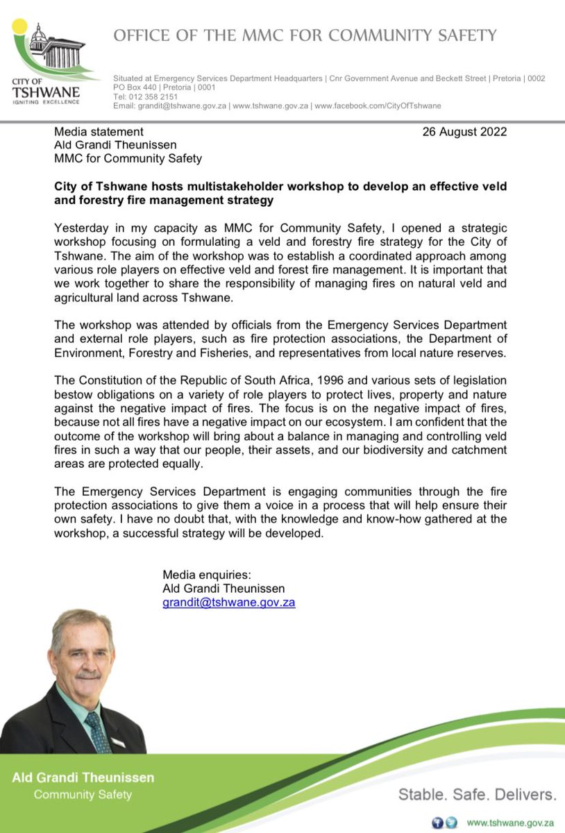 tshwane_mayor's tweet photo. [MEDIA STATEMENT] City of Tshwane hosts multistakeholder workshop to develop an effective veld and forestry fire management strategy. https://t.co/GZXJOJ4wMW