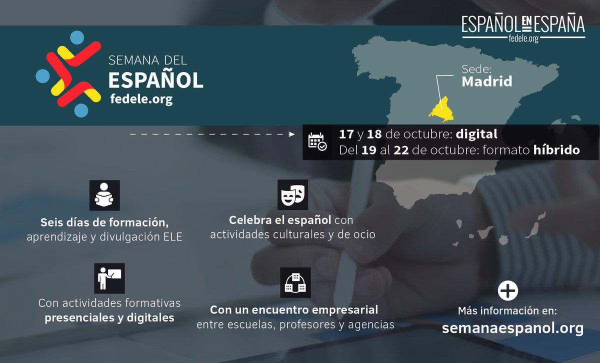 federacionele's tweet photo. La Semana del Español contará con 6 días de formación, aprendizaje y divulgación ELE.
📅Del 17 al 22 de octubre 2022
🗣️ Actividades formativas
💼 Encuentros empresariales
📍 Madrid
🧑🏻‍💻Modalidad digital disponible
✏️ Inscripciones en https://t.co/qFLeexOssN
#semanaespañol2022 https://t.co/1HU3rnyz1w