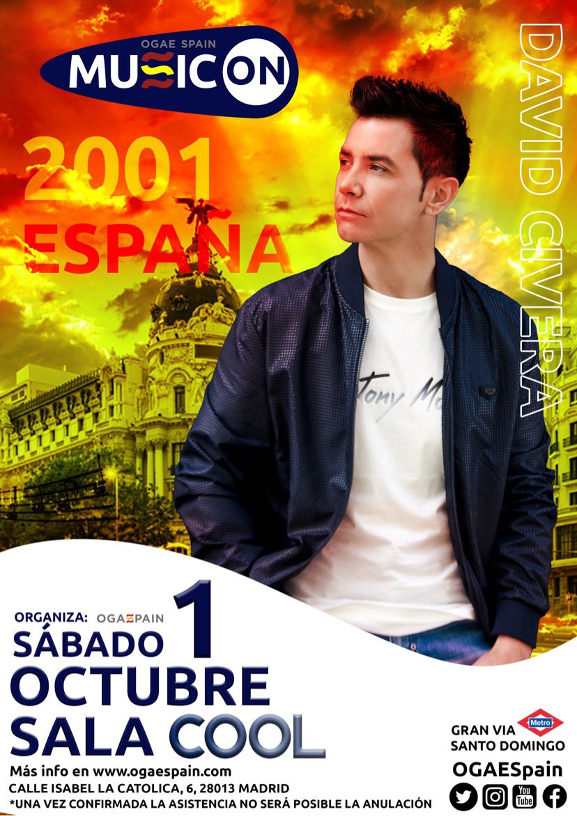 OGAESpain's tweet photo. David Civera, representante español en Eurovisión 2001, es el séptimo artista confirmado de la OGAE Spain Music On. #ogaespainmusicon #eurovision2001 #esc2001 @David_Civera https://t.co/Y90rp7OXoj https://t.co/fkCy06ZpGw