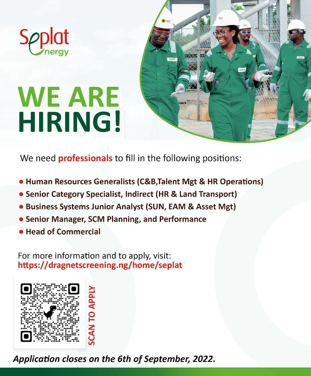 DragnetNigeria's tweet photo. MASSIVE JOB RECRUITMENT💥💥

Our client is recruiting for the following positions below.

If you know someone that professionally fits any of the roles, share this golden opportunity with them now.
.
.
.
#dragnetjobs 
#dragnetnigeria 
#massiverecruitment 
#seplat 
#HIRINGNOW https://t.co/Vq0bltk1Bm