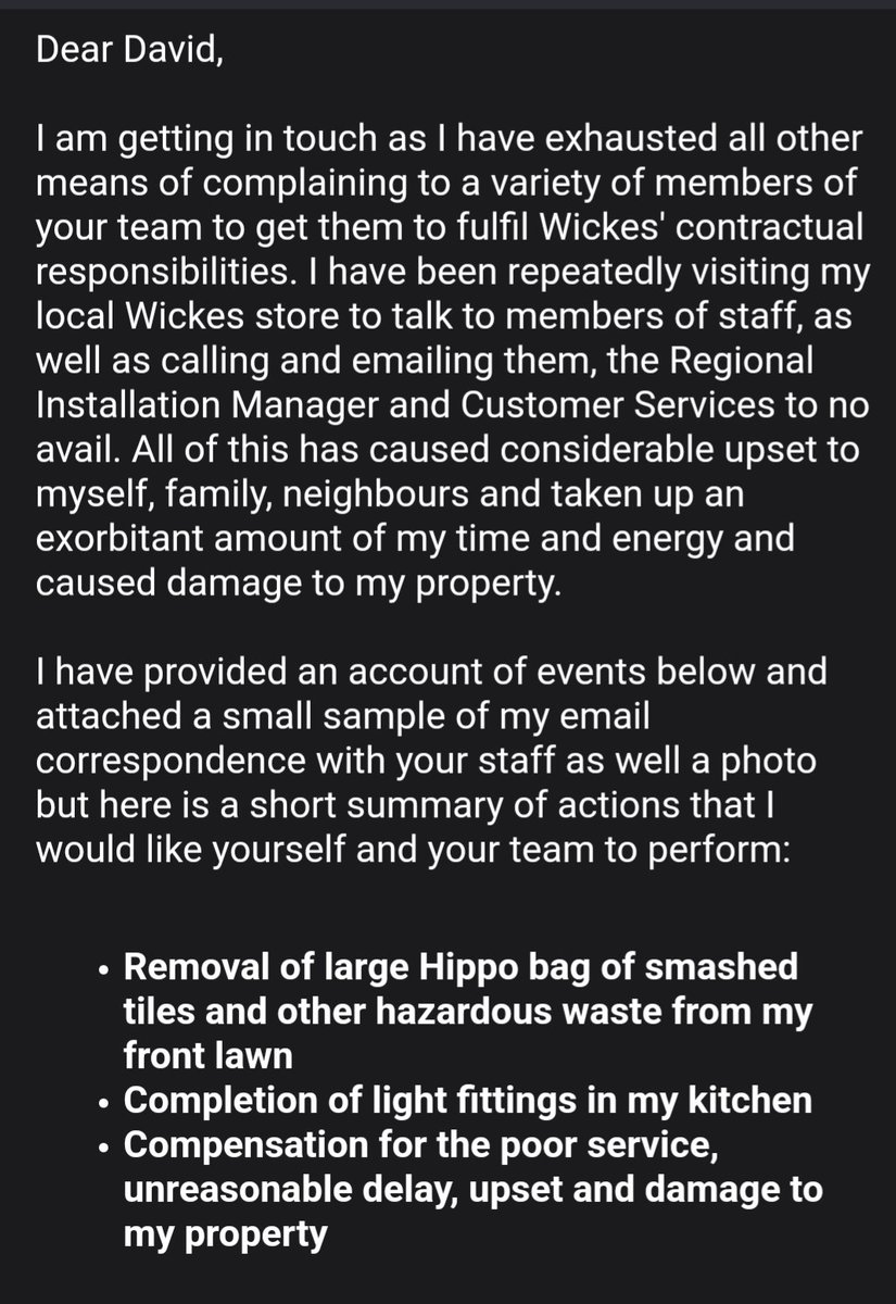HannahWorsey's tweet photo. Here's my email to @Wickes', CEO, David Woods, imploring him to get involved after hazardous waste has been left on my front lawn for 7 weeks. After exhausting all avenues of seeking help and complaining I have had no choice other than to contact the CEO. Please RT. https://t.co/eGyfskVowH