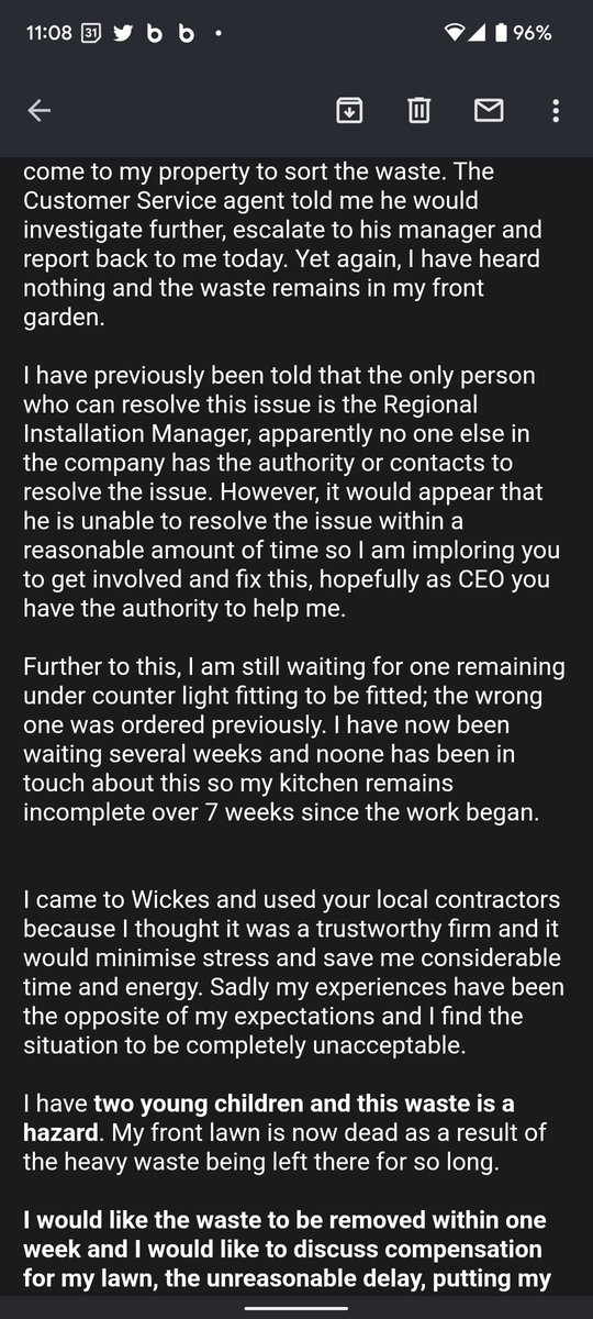 HannahWorsey's tweet photo. Here's my email to @Wickes', CEO, David Woods, imploring him to get involved after hazardous waste has been left on my front lawn for 7 weeks. After exhausting all avenues of seeking help and complaining I have had no choice other than to contact the CEO. Please RT. https://t.co/eGyfskVowH