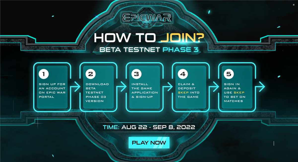 the_epic_war's tweet photo. [REMINDER] Earn reward in 5 steps.

Here is the process to enter the Epic War battlefield. 
➡️ Epic War Portal: https://t.co/Vj5GMG6F8S
➡️ Detail guideline: https://t.co/Two8f5FjA7

Time: Aug 22 - Sep 8, 2022
#EpicWar #F2P2E #Epiceros https://t.co/KcBpu7Ejj7