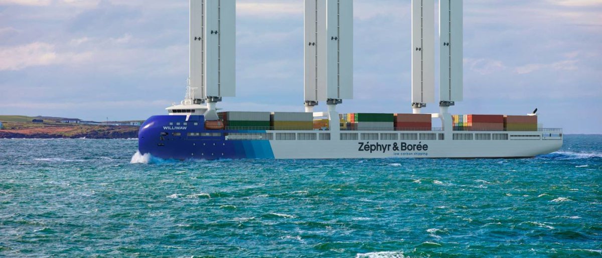 Marineireland's tweet photo. The future? A possible hybrid - sail and biofuel - container ship. Hybrids may become mainstream as doubts about availability of sufficient biofuel.🇫🇷 thinking a lot about this area now. @MaREIcentre @mark_mellett @naval_service @phegarty326 #futureshipping @vcummins24 @ohaganam https://t.co/ZG50BAb67z