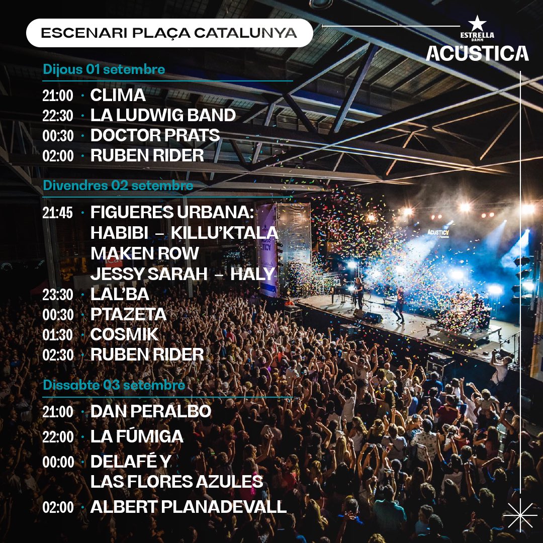 Festival Acústica Figueres (@fest_acustica) on Twitter photo Ja heu vist al web els horaris dels concerts?
Aquí teniu els de l'escenari de Plaça Catalunya!✨
📲 festivalacustica.cat
.
.
.
#acustica2022 #festivalacustica #figueres <a href="/estrelladamm/">Estrella Damm</a> <a href="/ajfigueres/">Ajuntament de Figueres</a> Ja heu vist al web els horaris dels concerts?
Aquí teniu els de l'escenari de Plaça Catalunya!✨
📲 festivalacustica.cat
.
.
.
#acustica2022 #festivalacustica #figueres <a href="/estrelladamm/">Estrella Damm</a> <a href="/ajfigueres/">Ajuntament de Figueres</a>