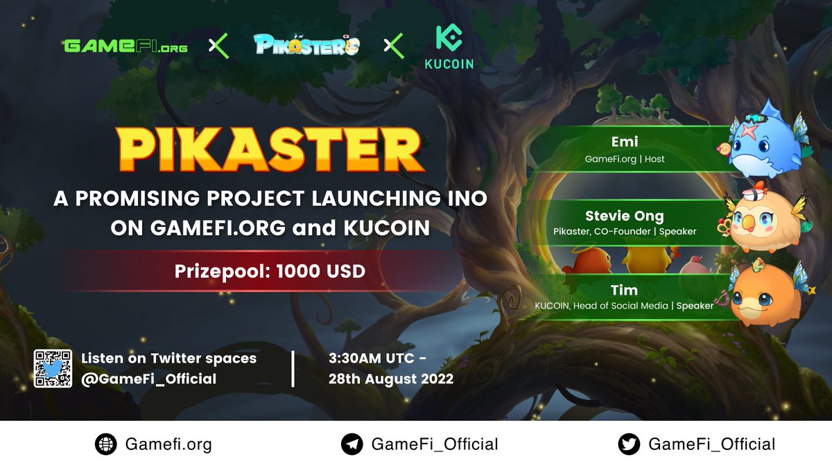 📢Yo guys, a special #TwitterSpaces is coming

🌟@PikasterNFT - A PROMISING PROJECT LAUNCHING INO ON GAMEFI.ORG and <a href="/kucoincom/">KuCoin</a>

▪️ Time: 3:30AM UTC on 28th August 2022                 
▪️ Venue: x.com/GameFi_Official
▪️ Prizepool : $1000

#GameFi_AMA $GAFI
