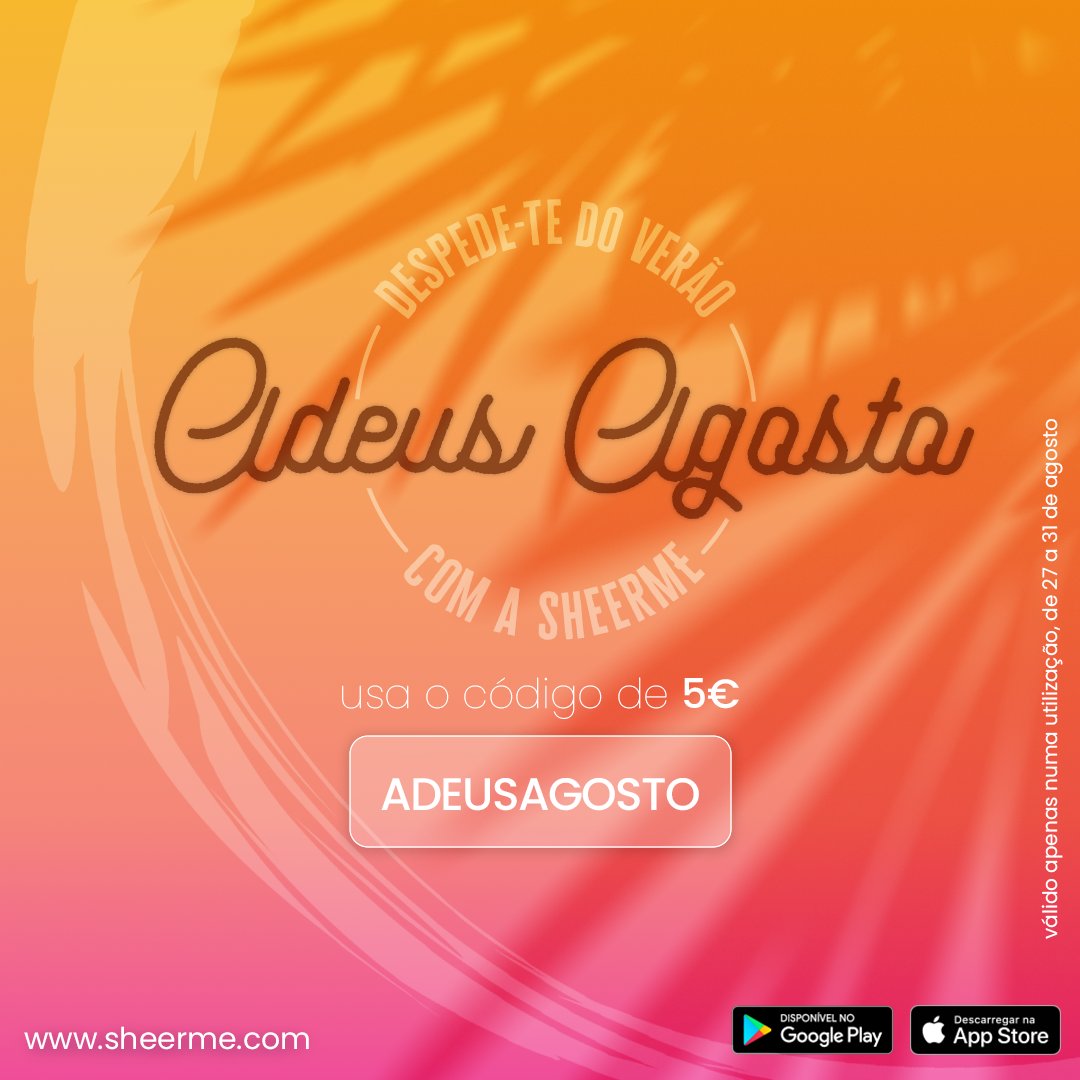 sheerMEapp's tweet photo. 👋 Preparados para dizer adeus ao querido mês de agosto?

Adiciona o código ADEUSAGOSTO até dia 31 e faz a tua próxima marcação por menos ➖5️⃣€!

Válido apenas numa utilização ➡️ https://t.co/cTH7AA03Ot 

#sheerME #adeusagosto #aproveita #desconto #promocao https://t.co/HMynIBr2Dq