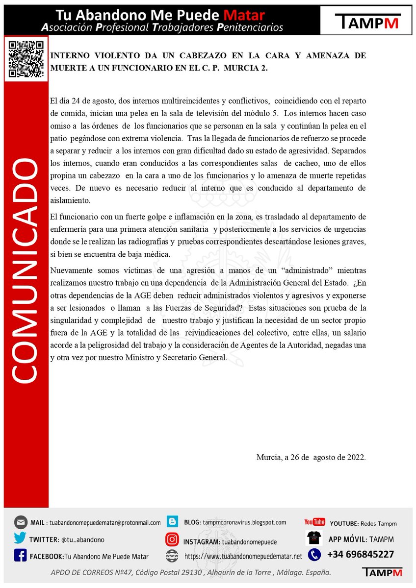 TAMPM_Murcia's tweet photo. AGRESION A FUNCIONARIO EN MURCIA CP. 2 ¿En que dependencias de la AGE los funcionarios están obligados a reducir internos violentos y exponerse a ser agredidos? No somos agentes de la autoridad,  no tenemos medios,  no tenemos formación. Las agresiones no van en el sueldo. https://t.co/ibjjV4Br3U