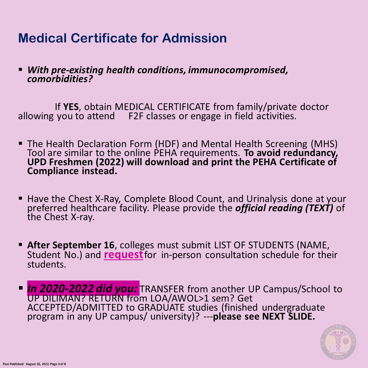 Official_UPD's tweet photo. Ang UP Health Service Pre-Enrollment Health Assessment Committee ay naglabas ng gabay sa pagkuha ng medical certificate bilang admission requirement ng mga mag-aaral na natanggap para sa mga Akademikong Taon 2020 hanggang 2022.

Tingnan ang mga larawan para sa buong detalye. https://t.co/H4u5h6KP0s