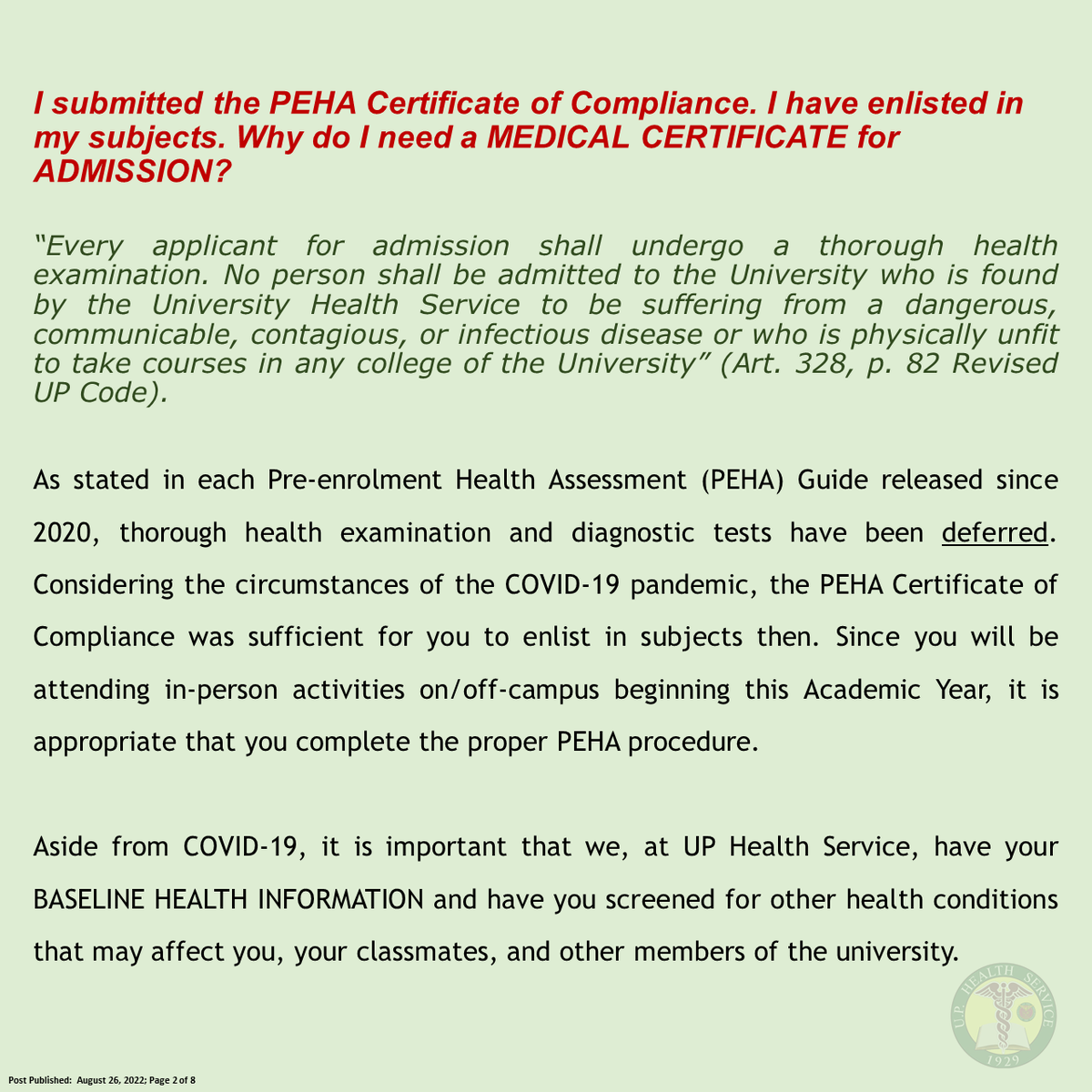 Official_UPD's tweet photo. Ang UP Health Service Pre-Enrollment Health Assessment Committee ay naglabas ng gabay sa pagkuha ng medical certificate bilang admission requirement ng mga mag-aaral na natanggap para sa mga Akademikong Taon 2020 hanggang 2022.

Tingnan ang mga larawan para sa buong detalye. https://t.co/H4u5h6KP0s