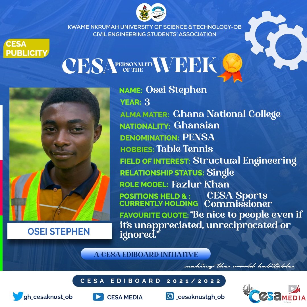Our noble Mr. Sports Commissioner!!!🤗🤗💙💙💫

#cesapersonalityoftheweek #cesaediboard20212022 #cesaknustob #makingtheworldhabitable