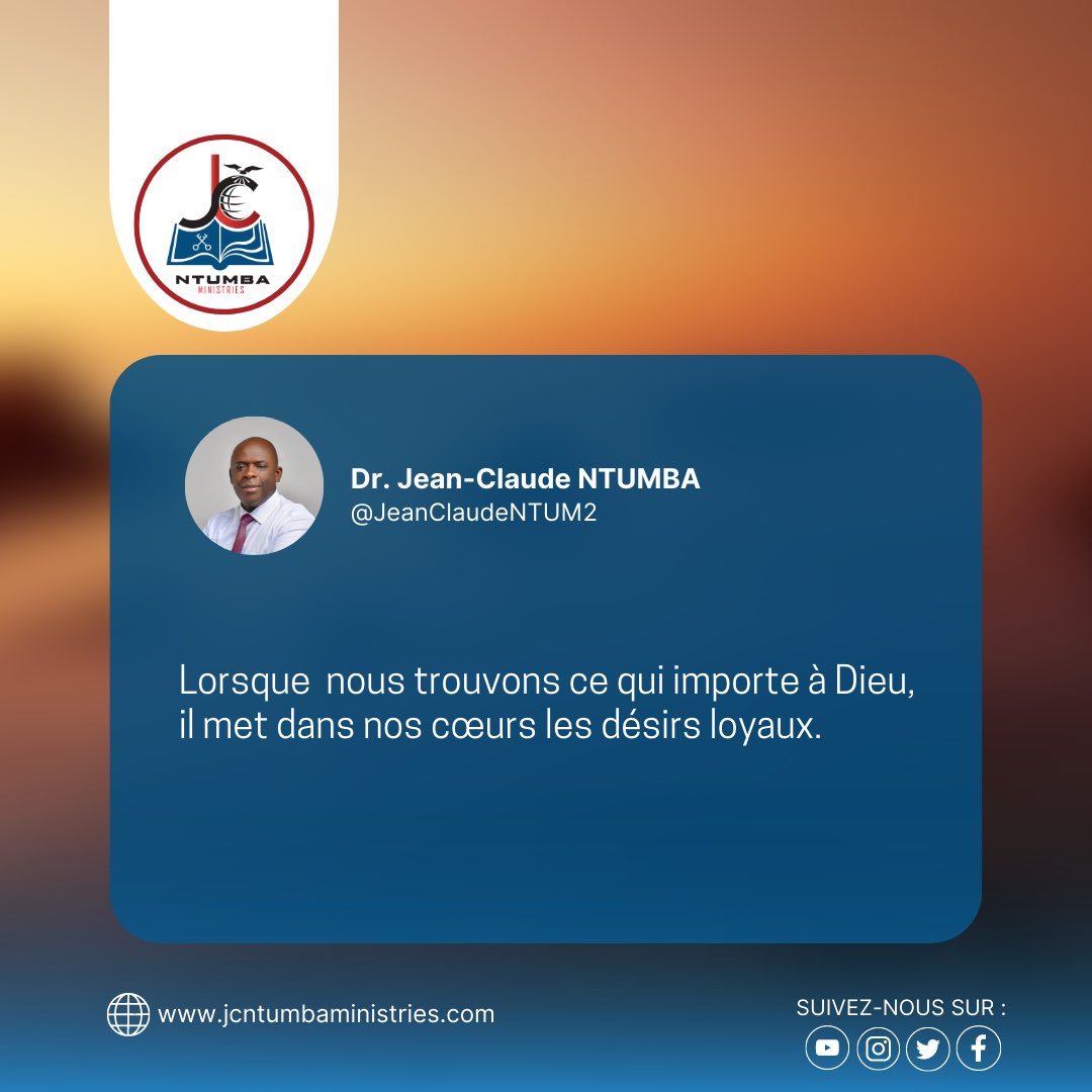 JeanClaudeNtum2's tweet photo. ■ 𝗠𝗢𝗧𝗜𝗩𝗔𝗧𝗜𝗢𝗡 𝗗𝗨 𝗝𝗢𝗨𝗥 !

Lorsque nous trouvons ce qui importe à Dieu, il met dans nos cœurs les désirs loyaux.                                #tagl #eglise #cite2gloire #kinshasa https://t.co/KBmICZCFCH