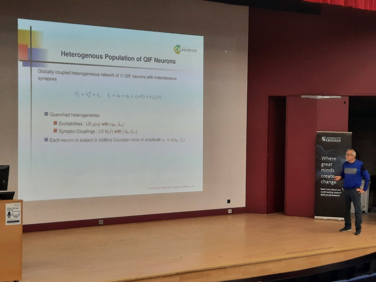 CestnikRok's tweet photo. Stimulating talk on reduced dynamics of noisy QIF neuorons by @a_torcini. #DDEU22 https://t.co/4daCh6D2UO