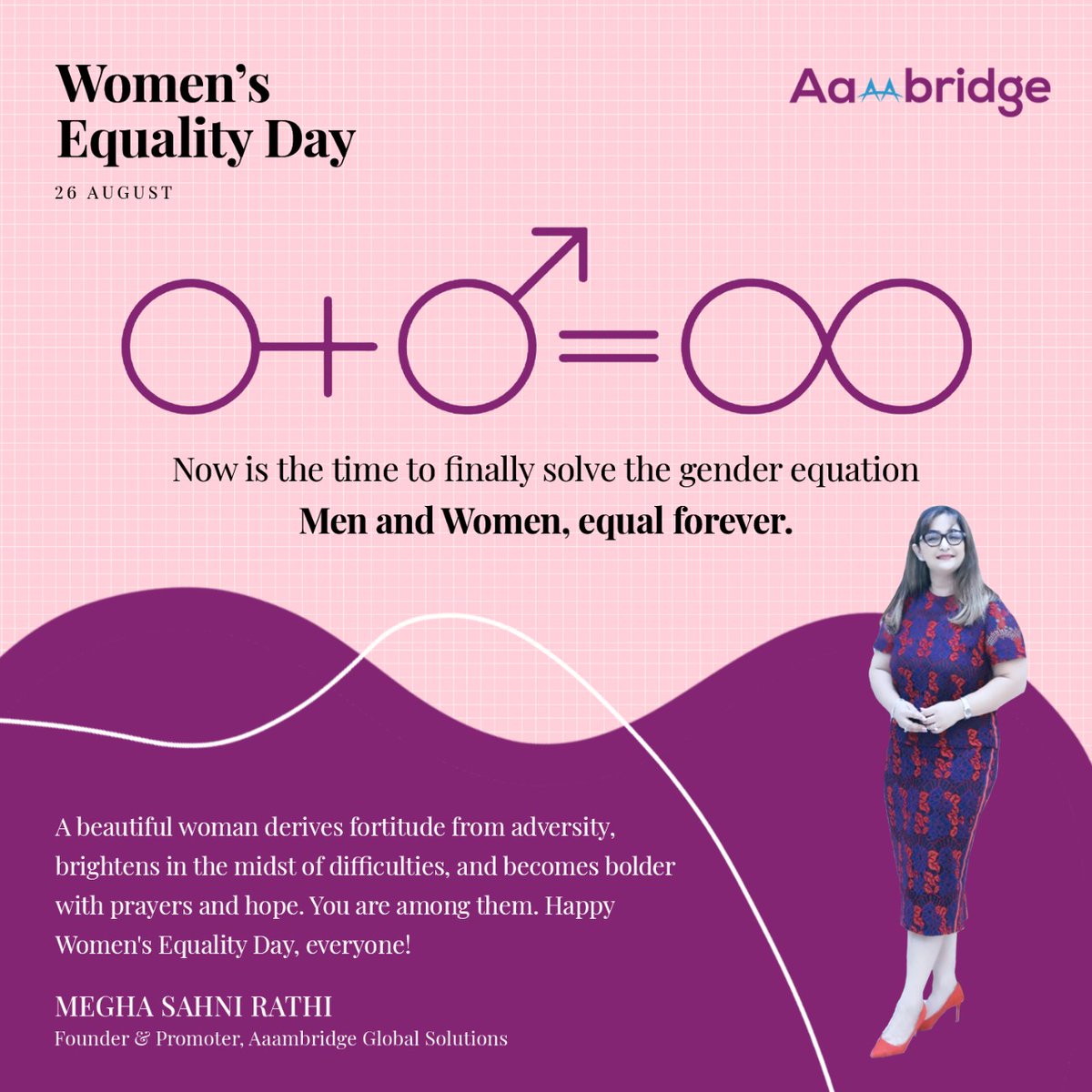 aambridgeglobal's tweet photo. A beautiful woman derives fortitude from adversity, brightens in the midst of difficulties, and becomes bolder with prayers and hope. You are among them. Happy Women's Equality Day, everyone!
@meghasahnirathi 
#happywomenequalityday #women #equality #girls #WomensEqualityDay2022 https://t.co/77ctox0G9L