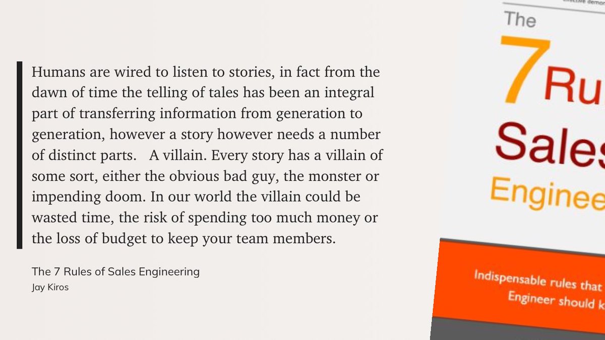 thedougthompson's tweet image. When you are thinking about a demo for a customer, do you look for the villain and how your product stymies it?  Very powerful connections can be made that life could be better with what you offer. #storytelling #notechsplaining