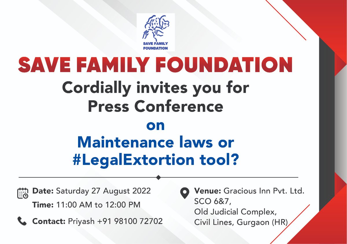 100X_gem_finder's tweet photo. Press Conference by @SFFNGO Maintenance Law or #LegalExtrotion?
Women activist says modern day marriage are equal partnership, Husbands are not master of wives.
Then why husband ask to pay Money to wife for life - even when she working, done adultery, proved wrong  in court case? https://t.co/gJqfgCMCTx