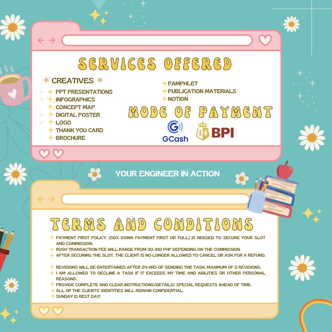 statsbyms's tweet photo. Hi! I am Daisy, your engineer in action and a creative all in one!👷‍♀️🌼

Check my commission sheet for services offered. DM me for samples! ✨🎨✍️

🌼 feedbacks: #likhanidaisy
🌼 other samples: #hirayanidaisy https://t.co/2nllNhEl8k