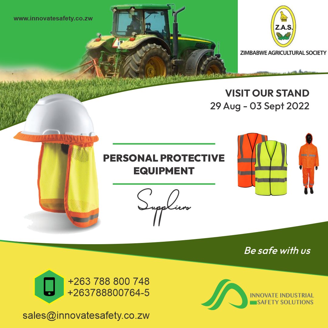 InnovateSafety's tweet photo. We will be exhibiting at the 112th edition of the Zimbabwe Agricultural Show to be held from 29/08 to 03/09/2022. Visit our stand at Nelson Mandela hall and lets discuss all your safety needs.
#BeSafeWithUs
#SafetyFirst https://t.co/lNEe3ry8CQ