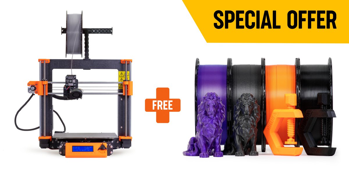 Back to School Bundle!🎁 We’ll add 4 extra Prusament spools to every Original Prusa i3 MK3S+ 3D printer (assembled and kit) completely for free. In total, you’ll get 5 kg of filament and free access to a Prusa Academy course. Promo ends September 7th (while supplies last).
