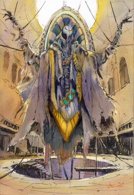 メノボス3人は地下墓地を進むと少し開けた所に出た。見上げた天井から陽光が射し目が痛かった。やがて光に慣れてくると逆光の中に禍々しい視線を感じ……メイキング↓アリストレーター 