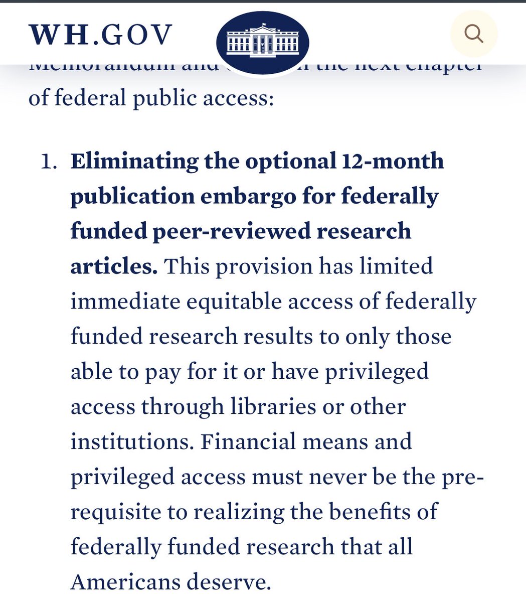 Neil_Mehta's tweet photo. Per new @WhiteHouse policy federally funded research articles (and associated data) in peer-reviewed journals to be immediately available without any paywalls. Taxpayers paid for this research, everyone should be able to read it. H/t @abhishek_dp https://t.co/5nplvxukOv