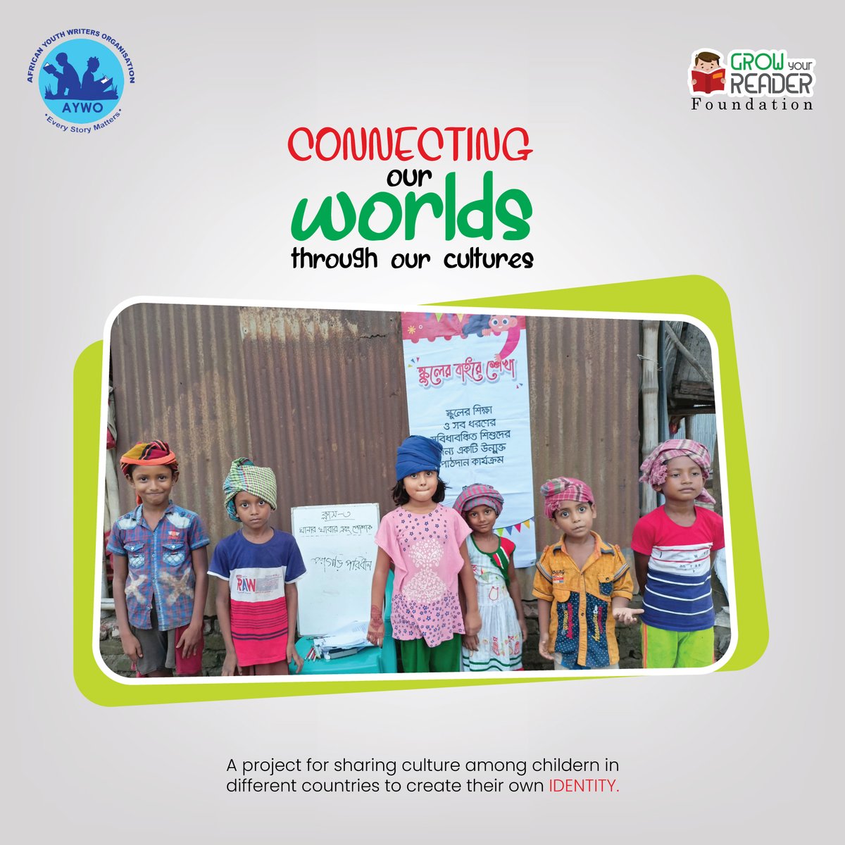 Growyourreader's tweet photo. 'connecting our worlds through our cultures' would #connect children in #Bangladesh to children in Ghana to #learn and share about their #cultures  
An @AfriYWO &amp; @Growyourreader collaboration. 
Ghanaian kids drew BD's dress &amp; flag and BD kids wore ghana's Kente. https://t.co/JxdCTtKSOz