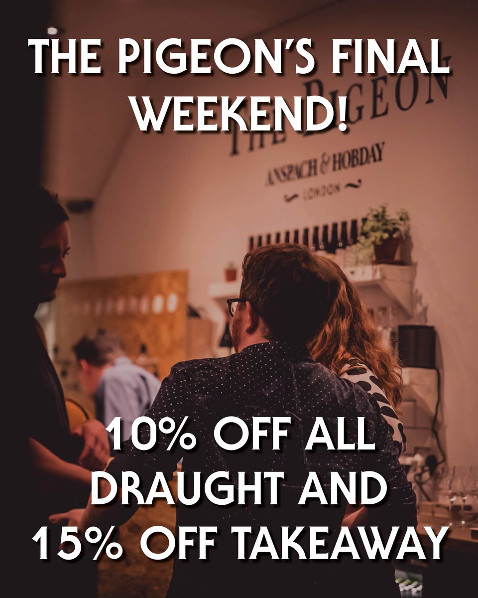 Anspach & Hobday Brewery (@anspachhobday) on Twitter photo This weekend marks <a href="/ThePigeon_AH/">The Pigeon - Now Closed.</a>'s last days of trading. We hope to see you over the next couple of days to see The Pigeon off in style! 🍻
It's 15% off takeaway cans, bottles and wine and a 10% discount on all draught across the weekend. This weekend marks <a href="/ThePigeon_AH/">The Pigeon - Now Closed.</a>'s last days of trading. We hope to see you over the next couple of days to see The Pigeon off in style! 🍻
It's 15% off takeaway cans, bottles and wine and a 10% discount on all draught across the weekend.