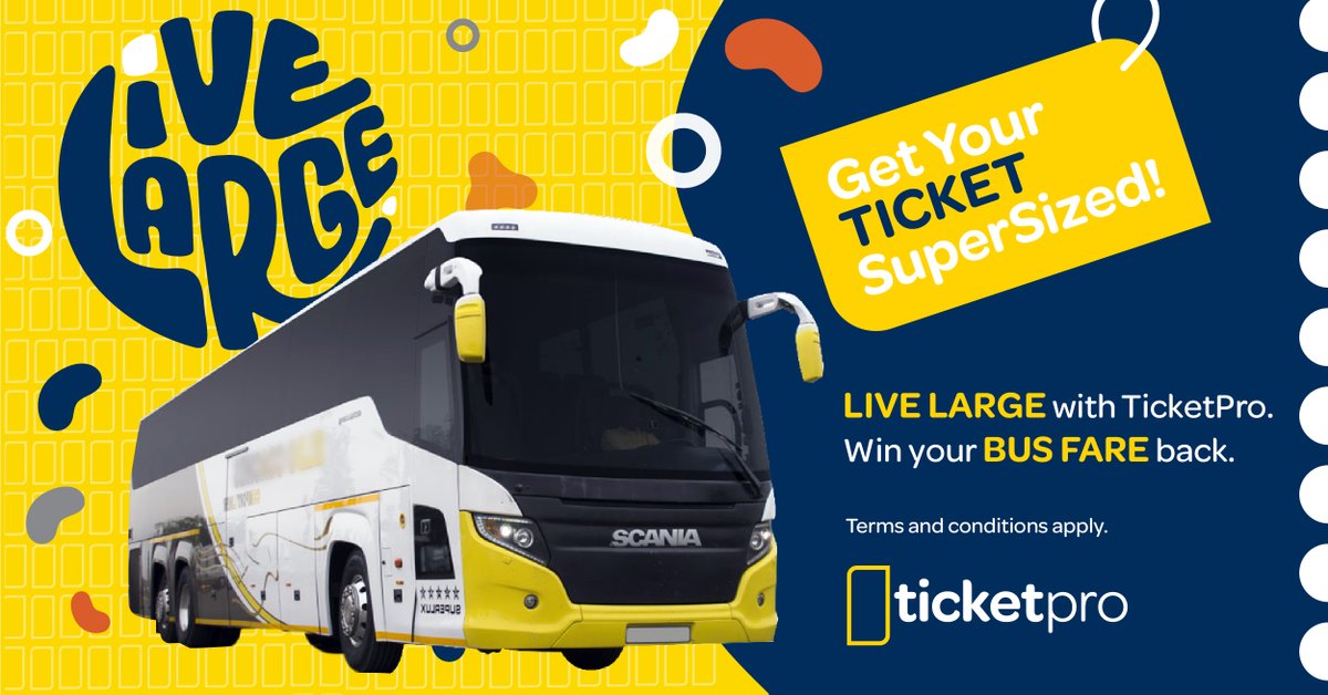 Get your bus ticket today and LIVE LARGE with TicketPro. Imagine winning your bus fare back. To stand a chance to win a SuperSized ticket, simply buy a bus ticket at ticketprotravel.co.za or at any Blu approved store. #LiveLargeWithTicketPro