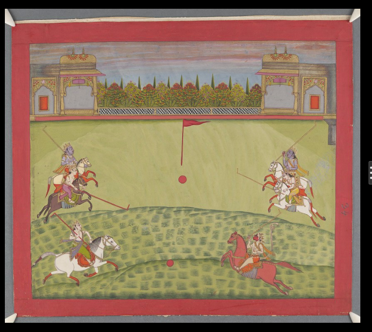 Stumbling across trippy paintings in the archives.
Polo match being contested between the gods, including Lord Krishna and Hanuman. 
Why should royal princes have all the fun?