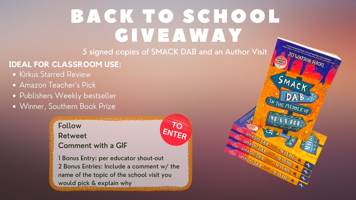 JoHackl's tweet image. I’m doing a #giveaway for an Author Visit (choice of topics at ow.ly/s9w250KsIFr) &amp;amp; 5 signed copies of SMACK DAB. To enter: Follow, RT, &amp;amp; Comment with a GIF describing your school year. See graphic for bonus entry chances. 1 winner per 100 entries. Ends 9/1 #teachers