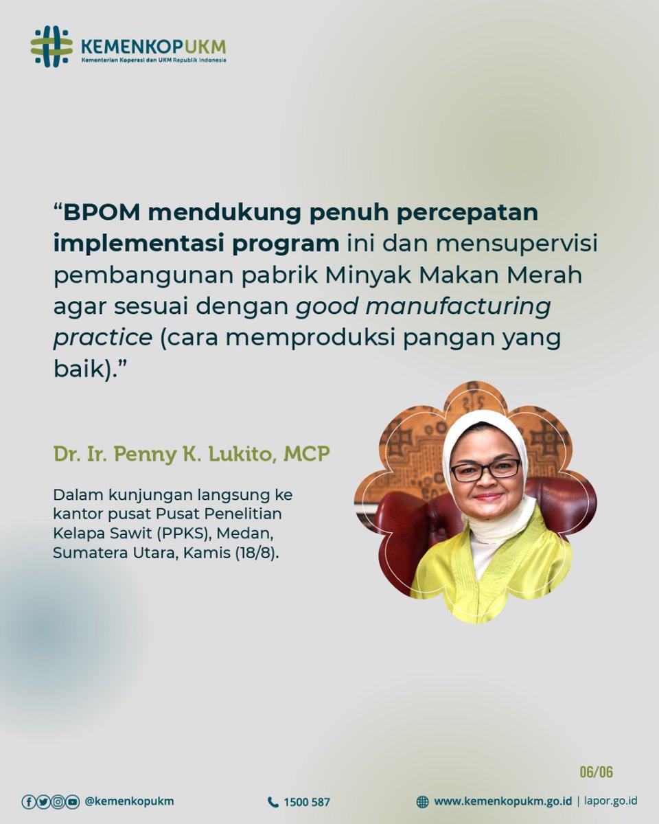 kemenkop_'s tweet photo. Sejumlah keunggulan Minyak Makan Merah ialah proses pengelolaan yang sederhana dan murah, instalasi pengolahan dapat dibangun di remote area sehingga biaya logistik dan distribusi lebih murah, memiliki kandungan nutrisi yang lebih baik agar menjadi solusi pemenuhan zat gizi. https://t.co/NbLXfGmZov