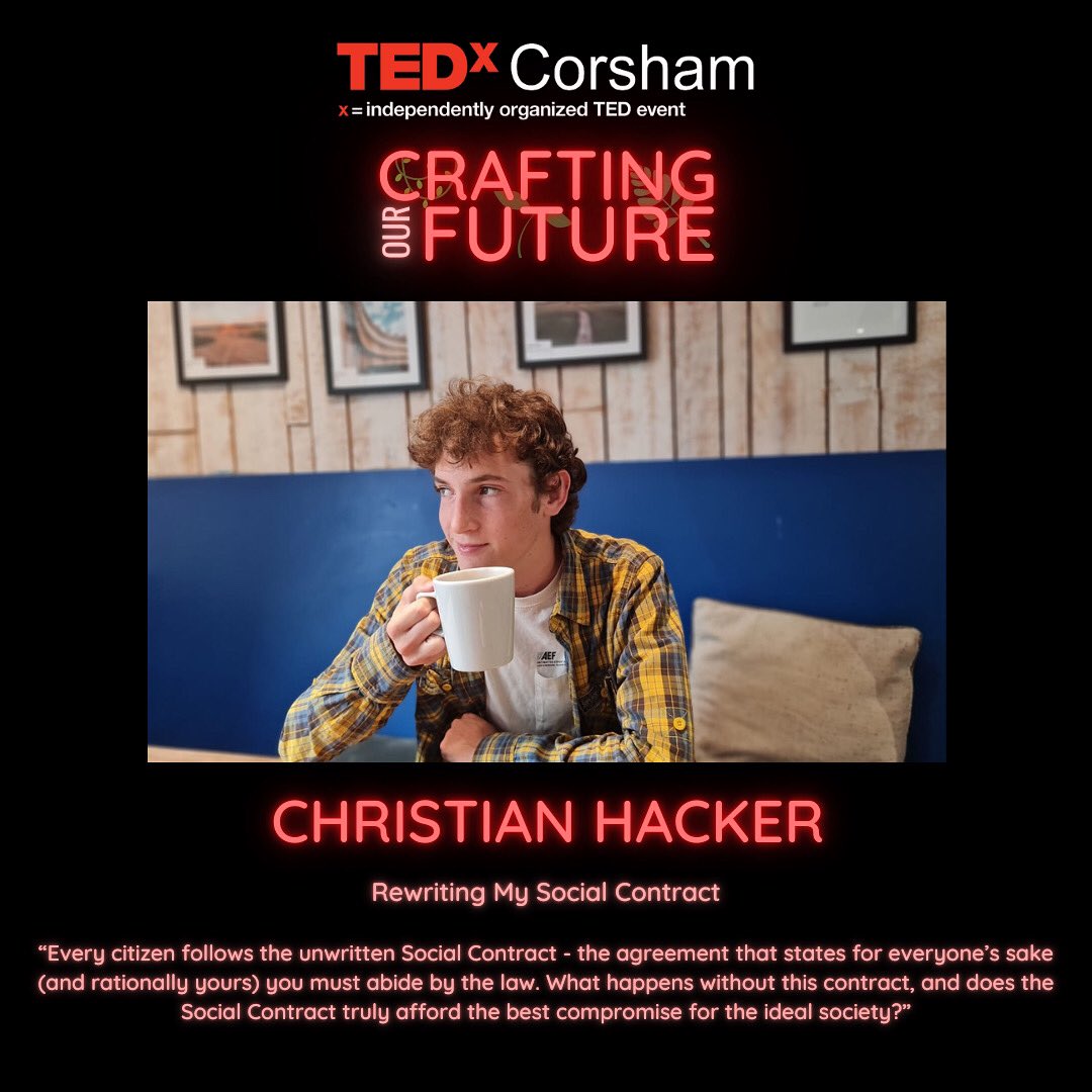 TEDxCorsham's tweet photo. We are thrilled to introduce you to our third speaker, Christian Hacker!

Christian is a student at @corshamschool. He is about to embark on his second year of A-Levels. With a passionate interest in Philosophy, he has crafted a talk on Rewriting his Social Contract💡💡 https://t.co/DZTx82dIPf