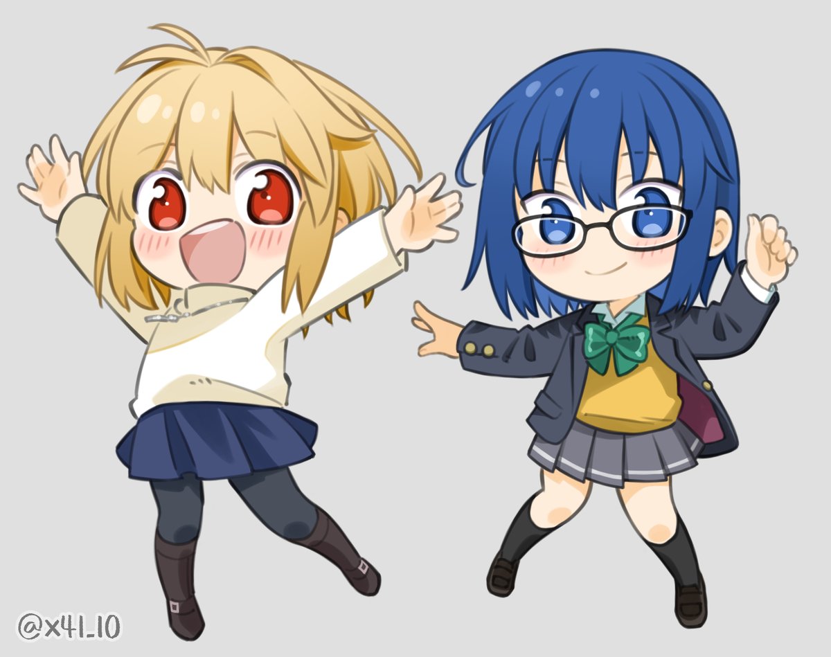 arcueid brunestud ,ciel (tsukihime) multiple girls 2girls skirt pantyhose chibi blonde hair blue hair  illustration images