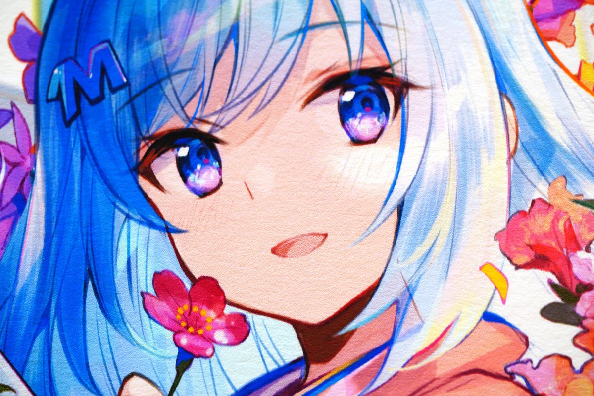 1girl flower blue hair solo blue eyes smile holding  illustration images