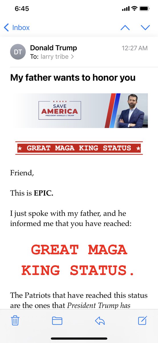 tribelaw's tweet photo. Who falls for idiocy like this: “My father informed me that you have reached GREAT KING MAGA status” so please send him some money? https://t.co/9u9aUMkPeO