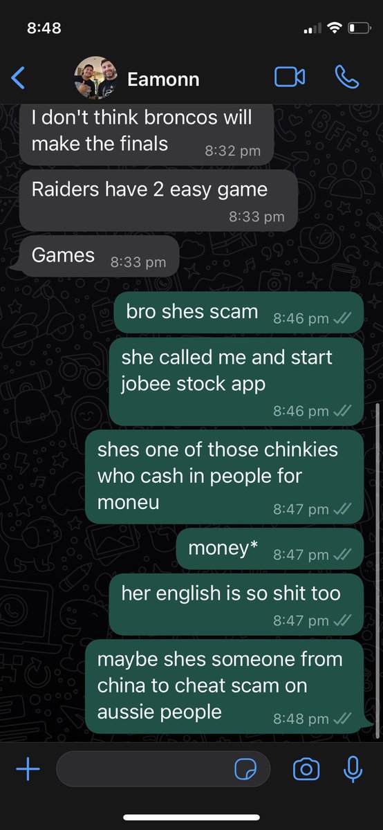 parkjuggernaut's tweet photo. this chinky is scam australia had no scam before chinky coming in to aussie land. everyone keep off whatsapp when you spot someone looking this https://t.co/rfJjDmQegL