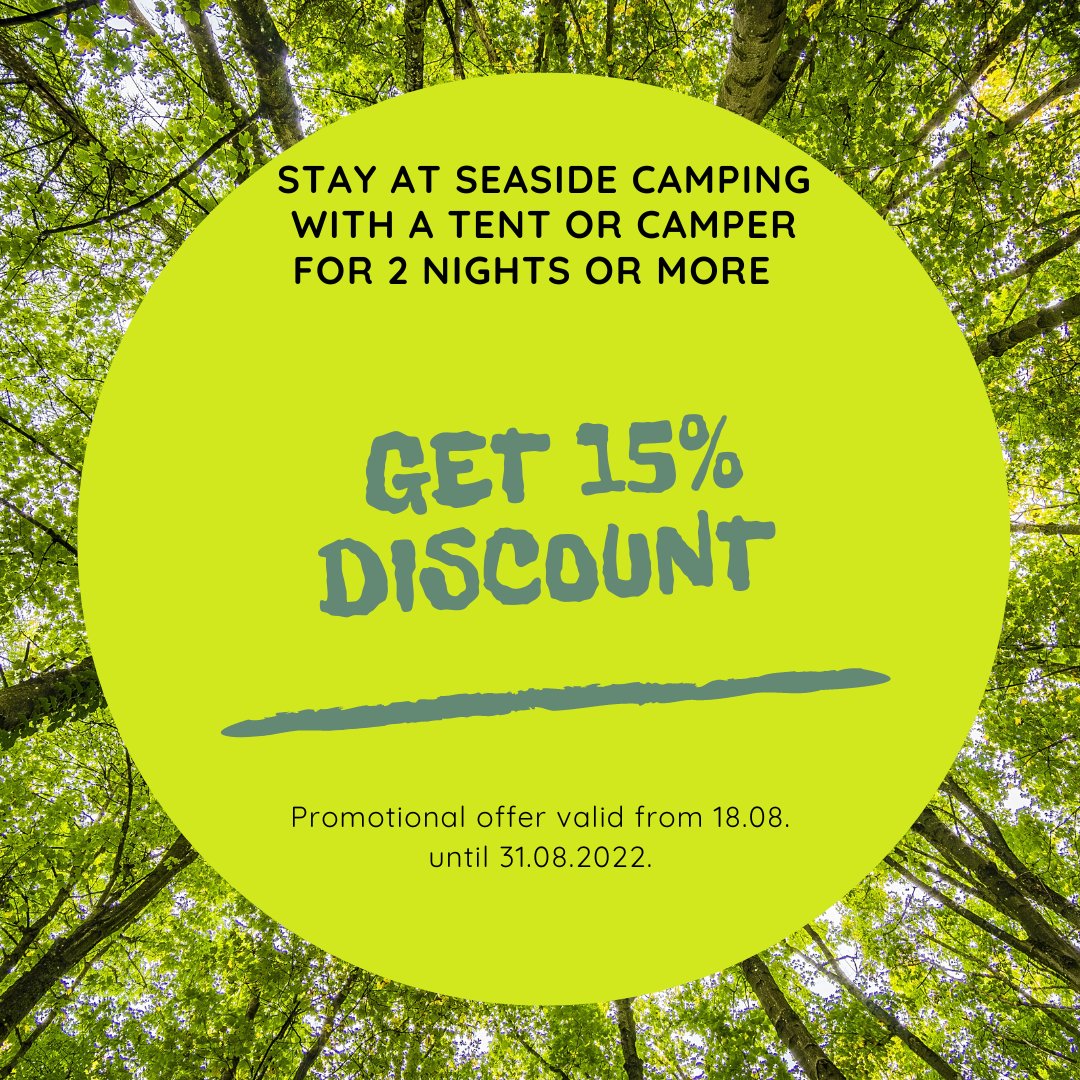 We want to please our guests with a friendly discount for an overnight stay at Piejūras Kempings!🌞
Get a 15% discount for stay with a tent or trailer-2 nights or more.
Offer valid from 18.08.-31.08.
"VentspilsVenti" and "3+FamilyCard" do not work during the promotional period.