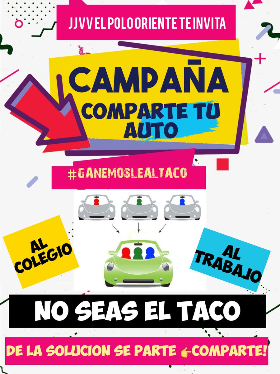 ComiteElPolo's tweet photo. 🔴 Compartir el auto  es una medida en qué asumimos el problema y somos parte de la solución #ComparteTuAuto #Colegio #Trabajo #Vecinos  #GanemosleAlTaco
#ElPolo #Machali #Rancagua https://t.co/EYVrBmBMVD
