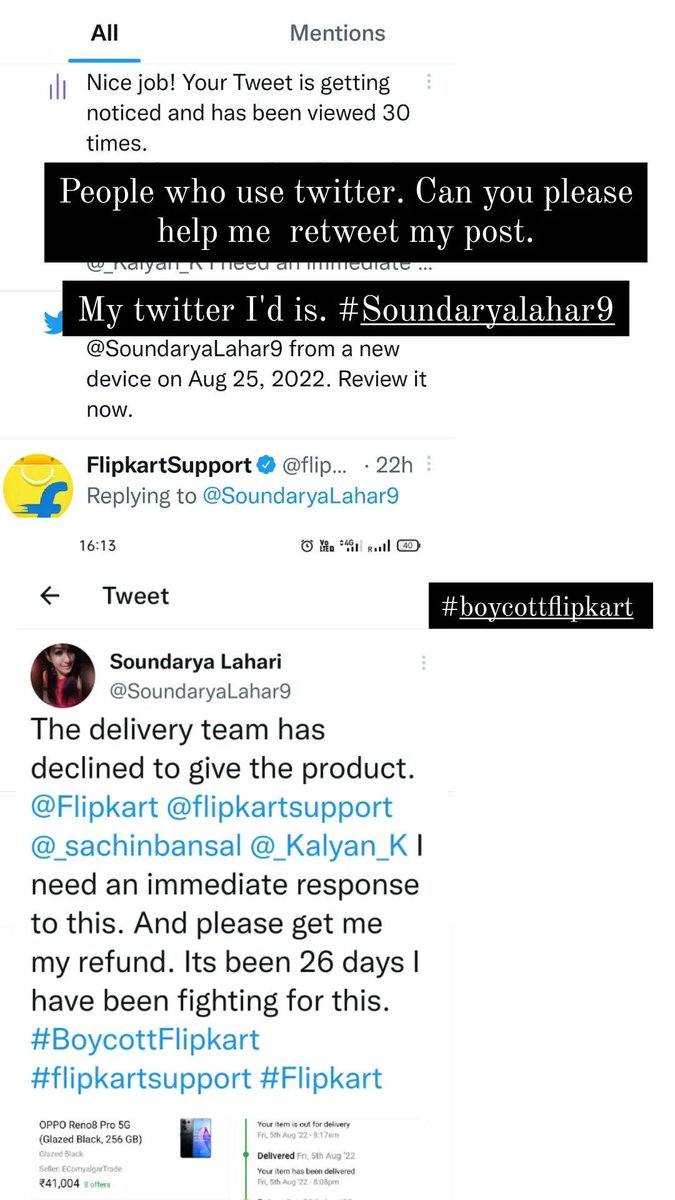 SoundaryaLahar9's tweet photo. #BoycottFlipkart boyycott flipkart @Flipkart @flipkartsupport @_Kalyan_K @_sachinbansal @binnybansal
I have been requesting on a daily basis. I need my refund. The team is not delivering the product. And I am not getting any support. I need help. #Flipkart #flipkartsupport https://t.co/oCGaLtdixG