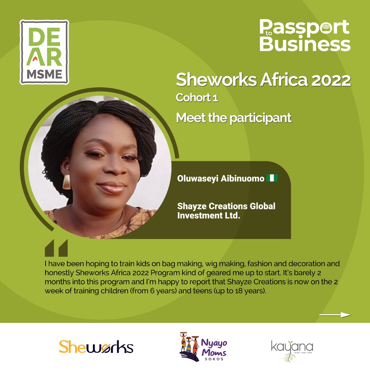 kayana_kenya's tweet photo. This week's featured @SheworksAfrica Africa 2022 - Cohort 1.0 participant is Oluwaseyi Aibinuomo, founder of @shayzecreations Global Investment Ltd. Although registered in 2014, her company began operations fully in 2016 when it opened a physical store.
#LearnwithKayana https://t.co/8y8chkob21