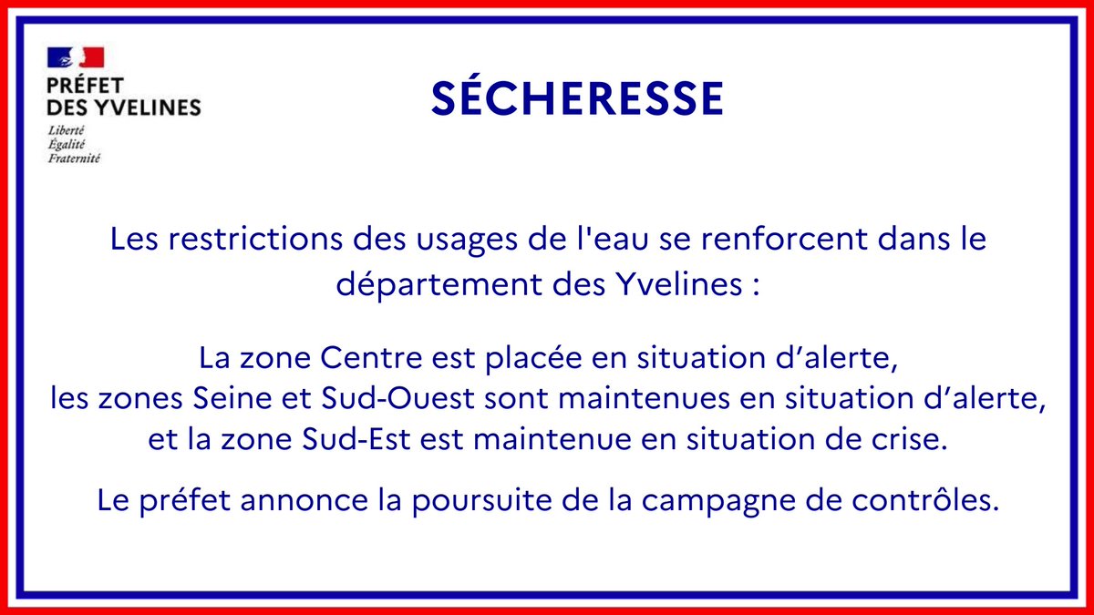 Préfet des Yvelines 🇫🇷 (@prefet78) on Twitter photo #Sécheresse
Au vu de la situation actuelle & des jours à venir, le <a href="/Prefet78/">Préfet des Yvelines 🇫🇷</a> a décidé de placer en situation :
👉ALERTE : zones Centre, Seine & Sud-Ouest
👉CRISE : zone Sud-Est
➕d'infos yvelines.gouv.fr/Actualites/Com…
🔴<a href="/Prefet78/">Préfet des Yvelines 🇫🇷</a> annonce poursuivre la campagne de contrôles. #Sécheresse
Au vu de la situation actuelle & des jours à venir, le <a href="/Prefet78/">Préfet des Yvelines 🇫🇷</a> a décidé de placer en situation :
👉ALERTE : zones Centre, Seine & Sud-Ouest
👉CRISE : zone Sud-Est
➕d'infos yvelines.gouv.fr/Actualites/Com…
🔴<a href="/Prefet78/">Préfet des Yvelines 🇫🇷</a> annonce poursuivre la campagne de contrôles.