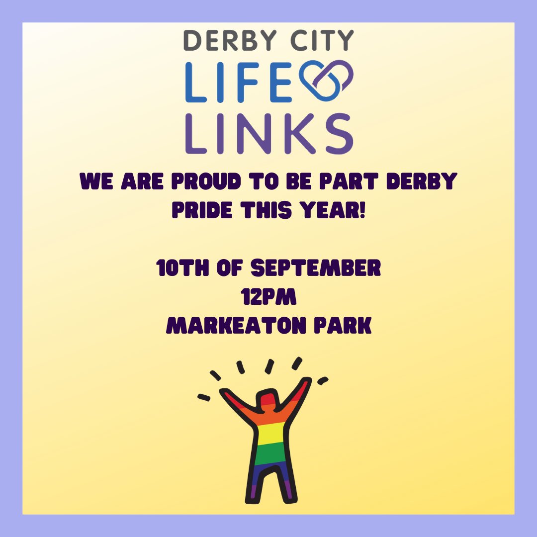 DerbyLinks's tweet photo. We are going to be at #DerbyPride on Saturday the 10th of September!

We will be around to talk to you all about the support we offer, and YOU may even be in with a chance to win our fantastic Wellbeing Toolbox! https://t.co/bJC7iBxL07