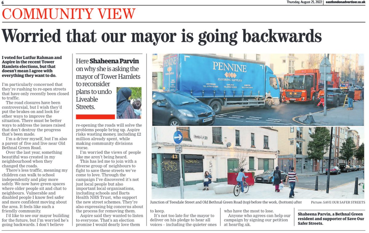 Local resident Shaheena expresses, in <a href="/ELAdvertiser/">East London Advertiser</a>,  her concerns about the mayor's retrograde plans to increase traffic in Bethnal Green. 

If you live, work or study in Tower Hamlets, please sign our petition asking the mayor to listen to residents.  

i.heartbg.uk/petition