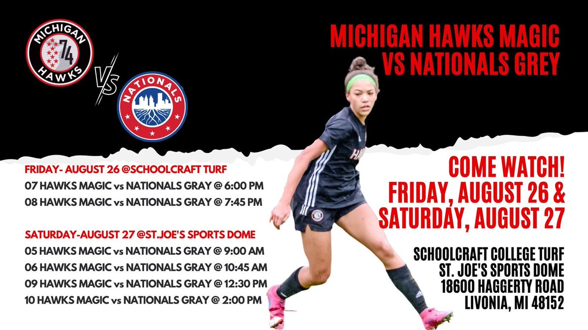 Michigan_Hawks's tweet photo. Looking forward to some great scrimmages this weekend vs @NationalsGA at @sjsportscomplex!  @GAcademyLeague @ECNLgirls https://t.co/b6oYAc2Pmb