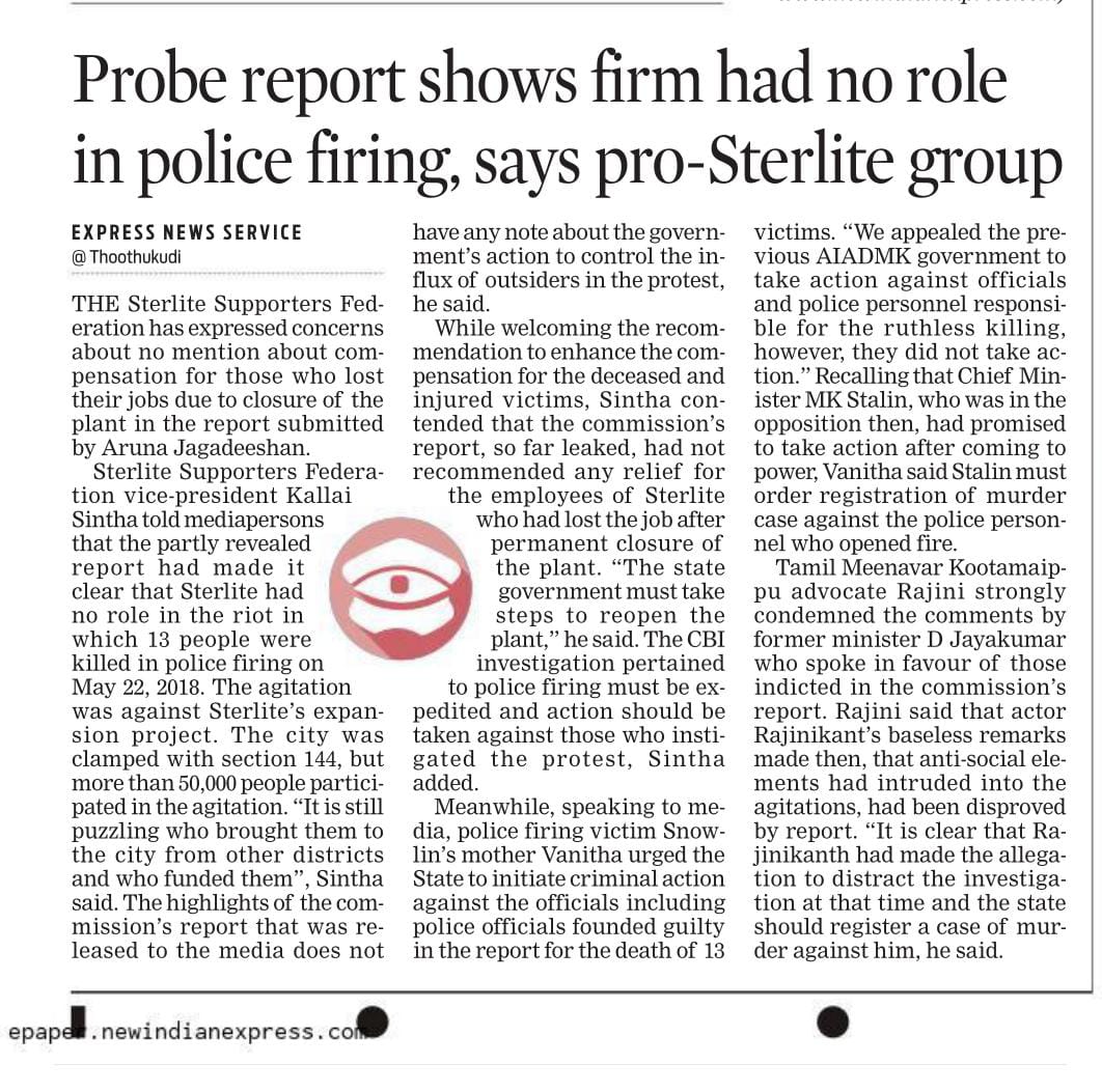 cu_grow's tweet photo. Justice #ArunaJagadeesan's report confirms that there is no specific evidence which indicates Sterlite's involvement in the firing says pro-sterlite group. Truth always wins.#ReopenSterlite #StandforSterlite https://t.co/U6iYAeYOEt