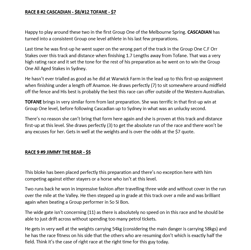 Cornwill_98's tweet image. The Spring Carnival is starting to ramp up and we are back! We'll be here every week during the Spring in both Melbourne and Sydney! 

BEST BET: Buffalo River - $6

NEXT BEST BET: Legal Esprit - $3.20 

BEST VALUE: Sebonack - $29

#GamblingTwitter 
#Memsie